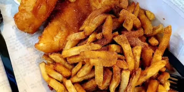 Battered sausage and chips at Jackson Heights Fish & Chips, Winnipeg